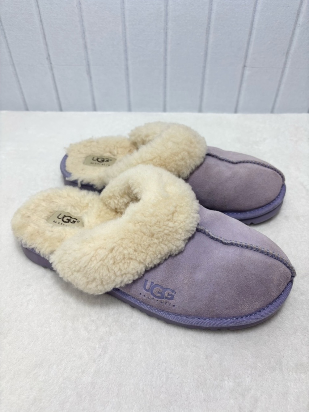 UGG Lavender Suede Sheepskin Mule Slippers with Cream Collar Size 6